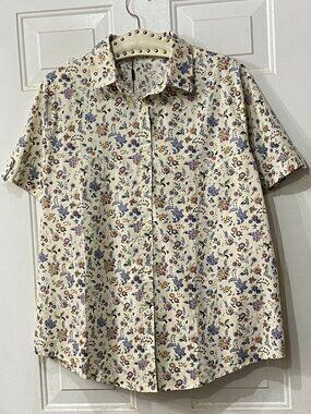 NWT IN'VOLAND Sz 18W Blouse Button Up Shirt Short Sleeve Ivory/Multi Floral